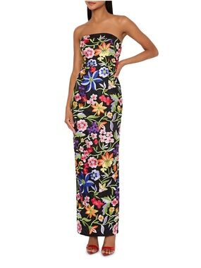 NWT Milly Magnolia Embroidered Mesh Strapless Maxi Dress Black Multi Floral 6